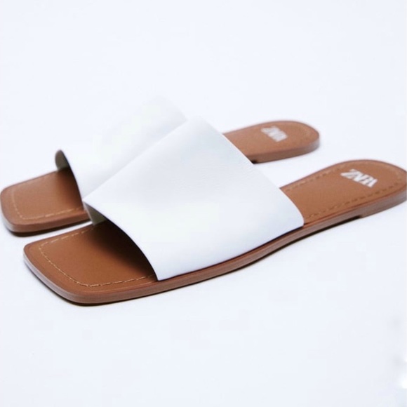 Zara Shoes - Zara white wide leather strap square toe flat sandals 2022